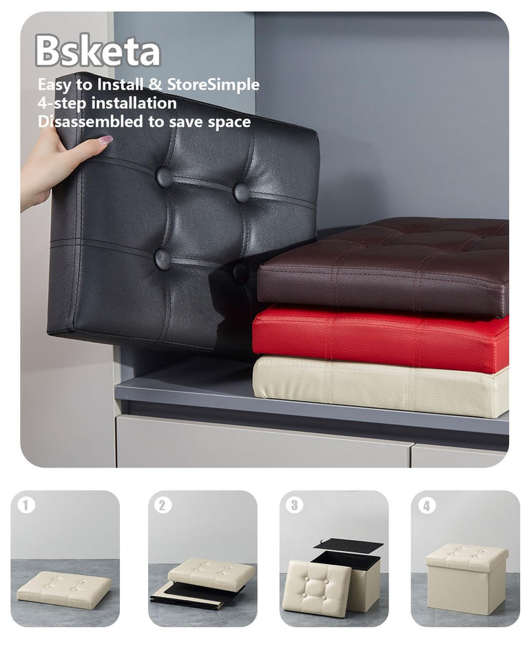 Bsketa Storage Ottoman, Folding Foot Stool with Thicker Foam Padded Seat Small Leather Storage Ottoman Bench Foot Rest for Living Room Foldable Coffee Table 17x13x13in,Black