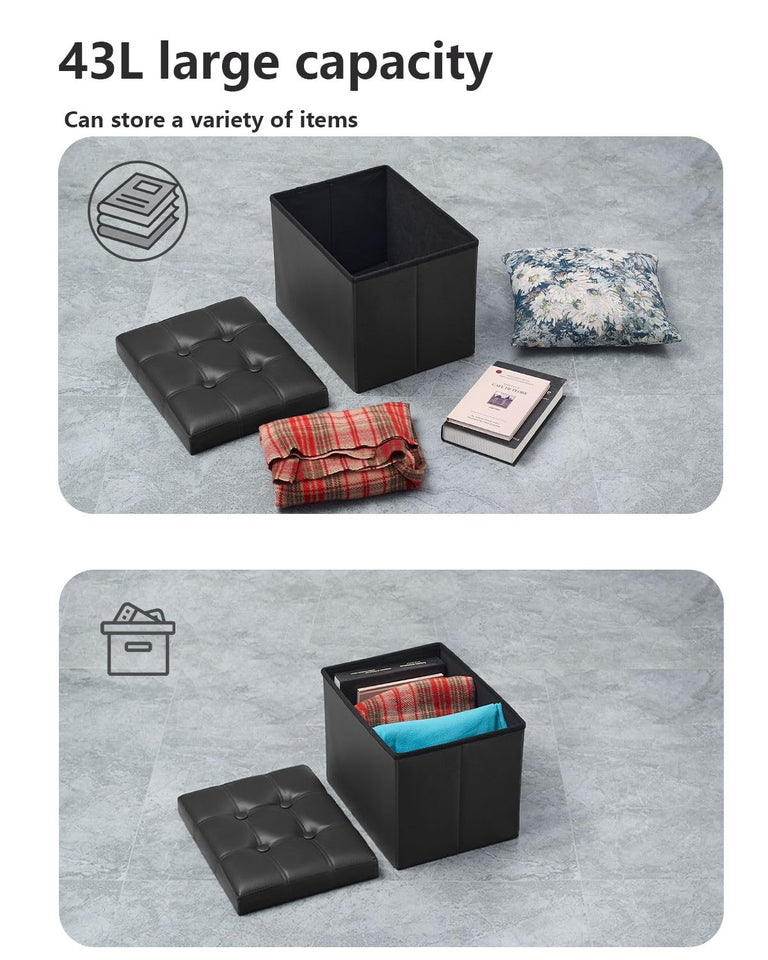 Bsketa Storage Ottoman, Folding Foot Stool with Thicker Foam Padded Seat Small Leather Storage Ottoman Bench Foot Rest for Living Room Foldable Coffee Table 17x13x13in,Black