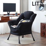 LITA Lazy Chair with Ottoman, Modern Accent Leisure Upholstered Lazy Sofa Armchair, Contemporary Lounge Reading Chair with Armrests and a Side Pocket for Living Room, Bedroom & Small Space, Dark Grey