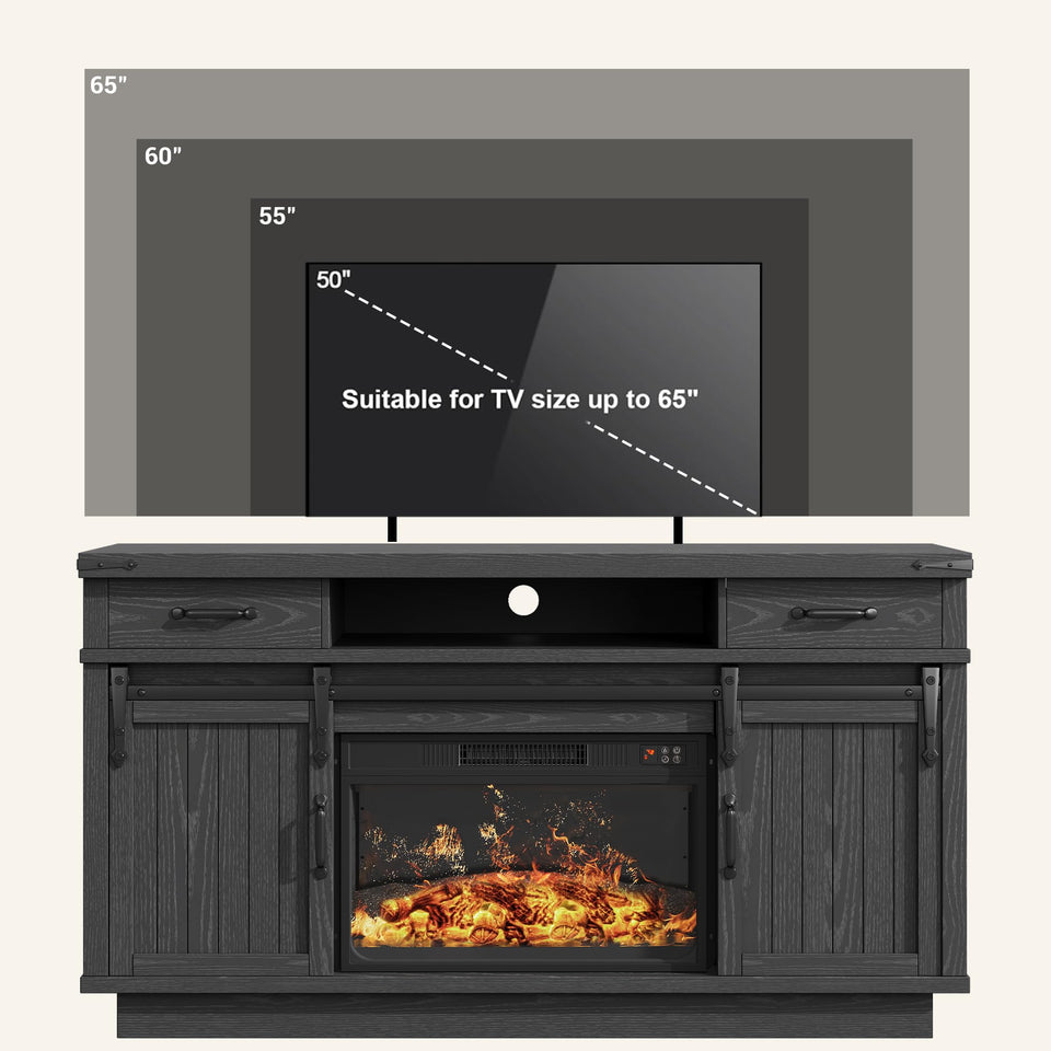 59'' Fireplace TV Stand with 3D Flame Electric Fireplace Heater, 34'' Tall Farmhouse TV Stand for 65 Inch TV, Entertainment Center TV Console with 2 Drawers, Sliding Barn Door for Living Room - White
