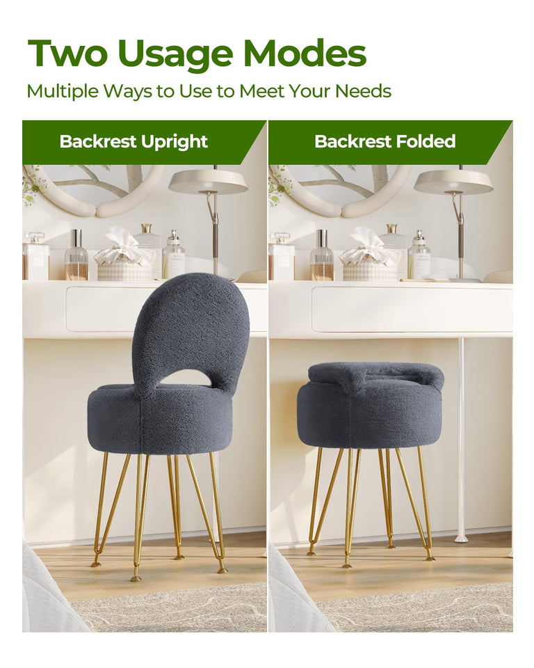 GREENSTELL Small Vanity Stool Chair with Storage and Folding Back, 13" x 13" x 17.7" Faux Fur Soft Ottoman for Teenager, 4 Metal Legs with Anti-Slip Feet, Furry Padded Seat for Makeup, Bedroom, White