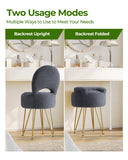 GREENSTELL Small Vanity Stool Chair with Storage and Folding Back, 13" x 13" x 17.7" Faux Fur Soft Ottoman for Teenager, 4 Metal Legs with Anti-Slip Feet, Furry Padded Seat for Makeup, Bedroom, White