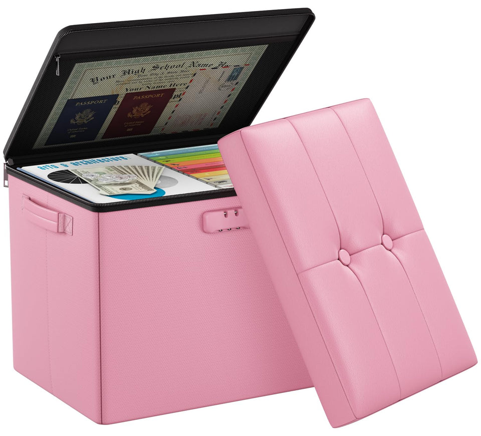 DocSafe Storage Ottoman with Lock,Fireproof Folding Ottoman Foot Rest Stool Storage Chest with Storage Safe for Important Documents,Waterproof 17 Inches Short Ottoman Foot Stool with Handles,Black