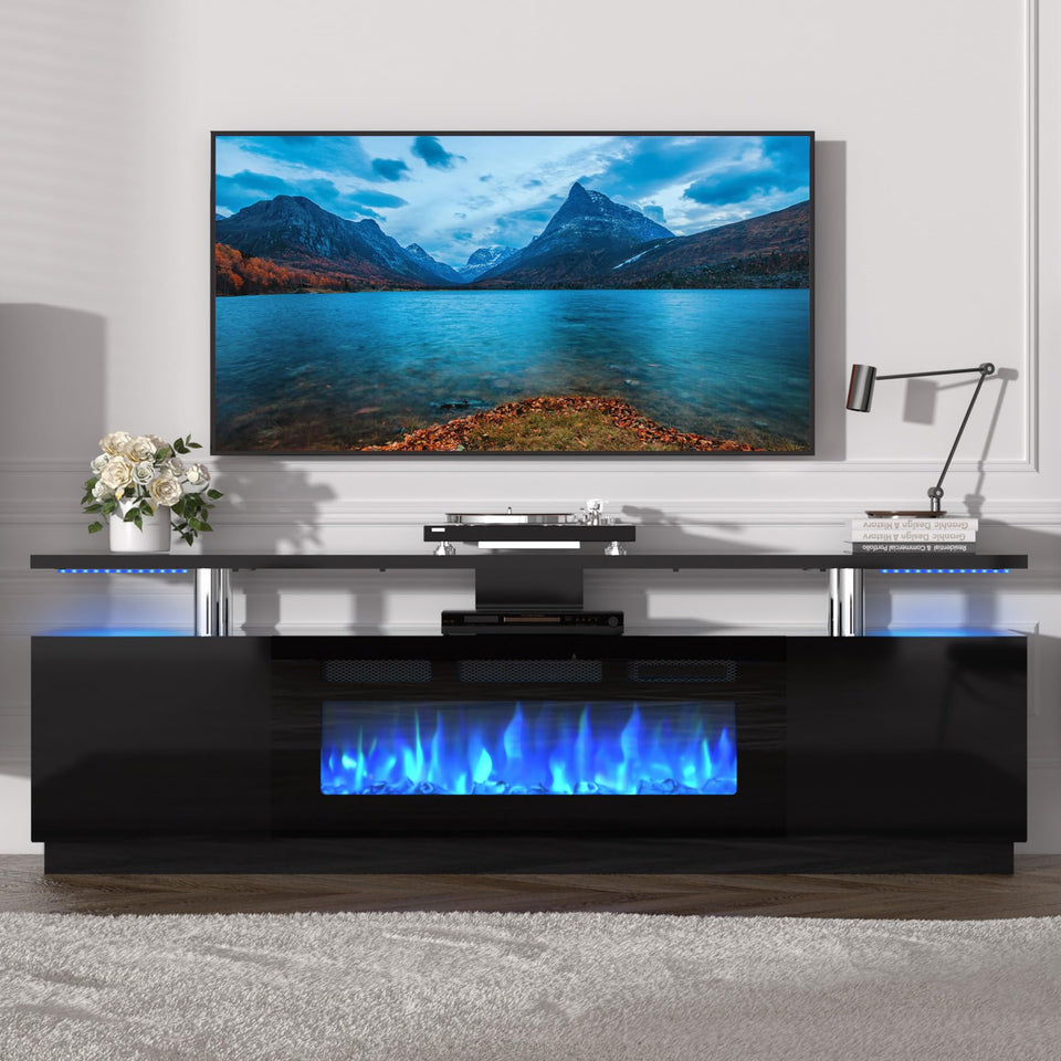 KOKEBREN 70'' Fireplace TV Stand, Entertainment Center with 36'' Firplace, 2 Tier TV Console Cabinet with Storage Cabinet, Electric Fireplace Heater with LED Light and 12 Flame Colors, Black