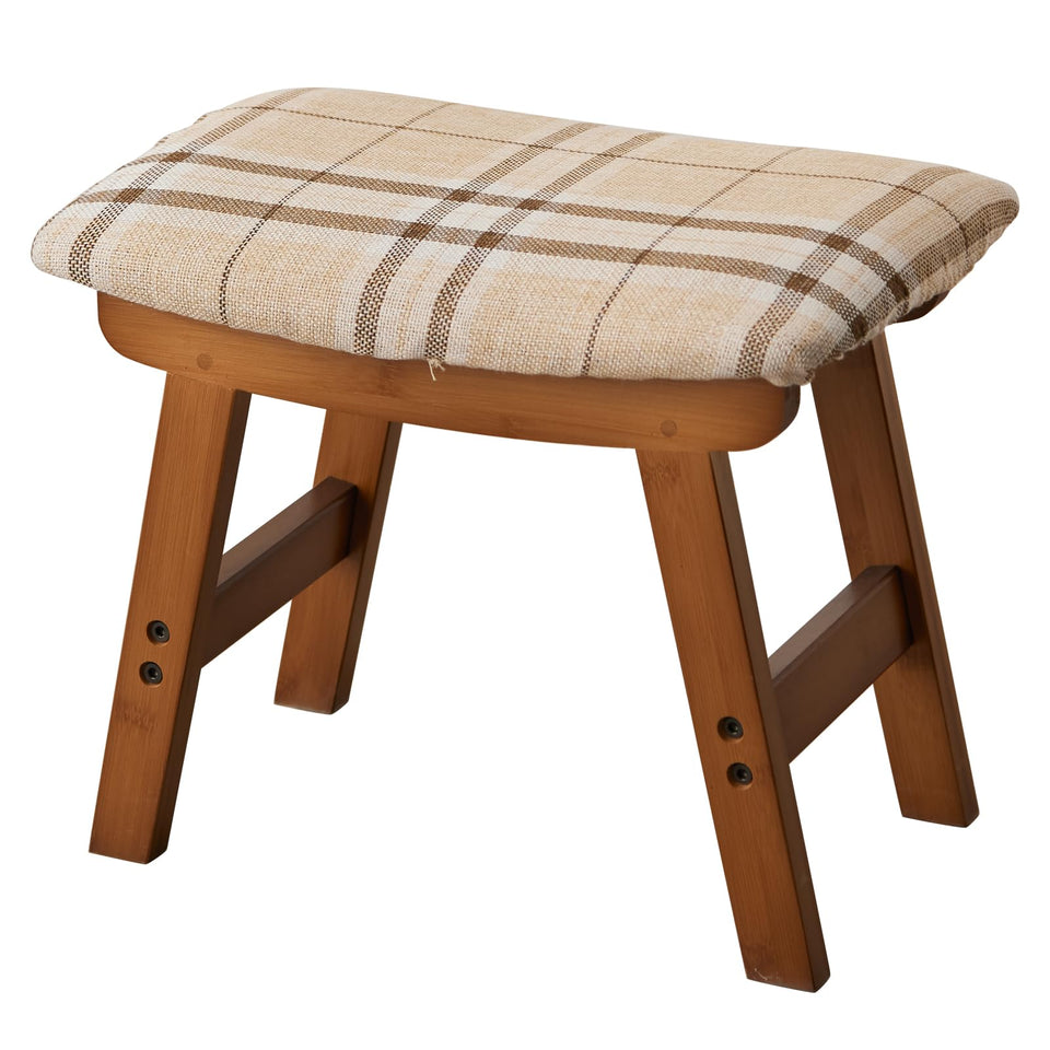 Foot Stool,Ottoman,Bamboo Small Sofa Foot Rest Under Desk,Extra Seating for Living Room, Bedroom and Kitchen(Brown Stool Legs - Beige Surface)