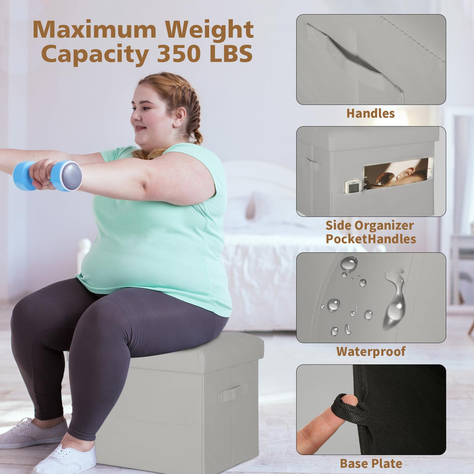 Storage Ottoman Foot Rest Stool, Foldable Leather Footstool Storage Bench with Thicker Foam Padded Seat. Foot Rest Under Desk for Living Room Bedroom 350 lbs, 17x13x13 in, Brown