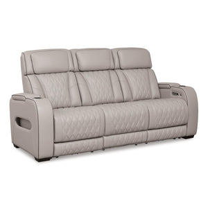 Signature Design by Ashley Boyington Contemporary Leather Match Power Reclining Sofa with USB Charging Ports, LED Lights and Adjustable Headrest, Light Gray