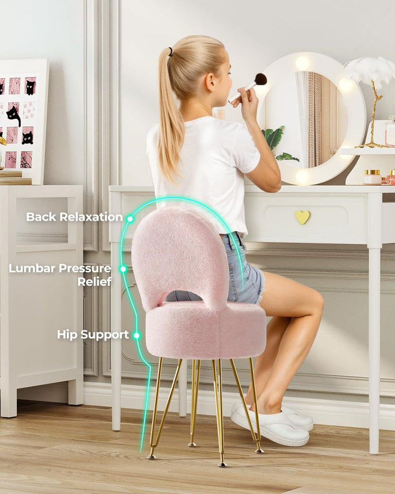 GREENSTELL Small Vanity Stool Chair with Storage and Folding Back, 13" x 13" x 17.7" Faux Fur Soft Ottoman for Teenager, 4 Metal Legs with Anti-Slip Feet, Furry Padded Seat for Makeup, Bedroom, White