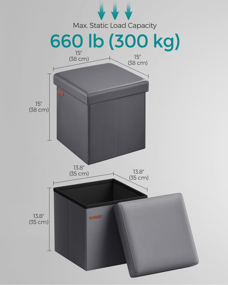 SONGMICS MAZIE Collection - 43 Inches Folding Storage Ottoman Bench, Ottoman with Storage, Foot Rest Stool, Load 660 lb, for Living Room, Synthetic Leather, Black ULSF701