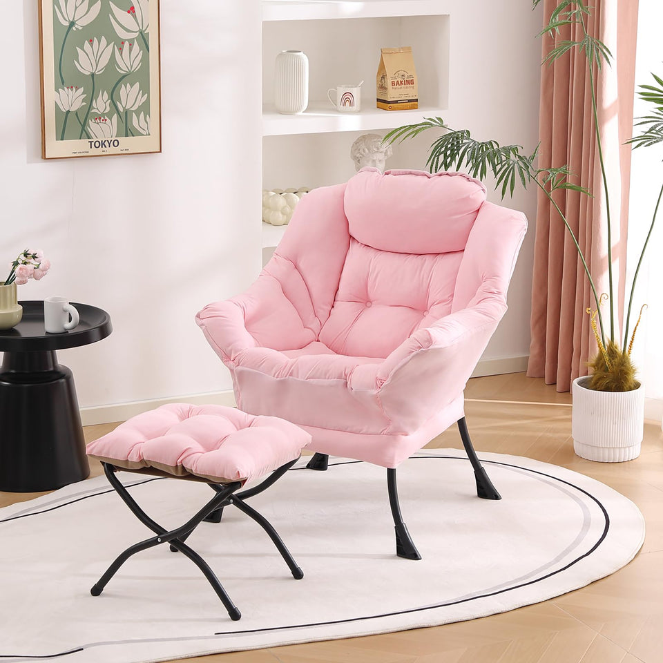 Welnow Lazy Chair with Ottoman, Modern Lounge Accent Chair with Armrests and a Side Pocket, Leisure Sofa Armchair, Reading Armchair with Footrest for Small Space, Dark Grey