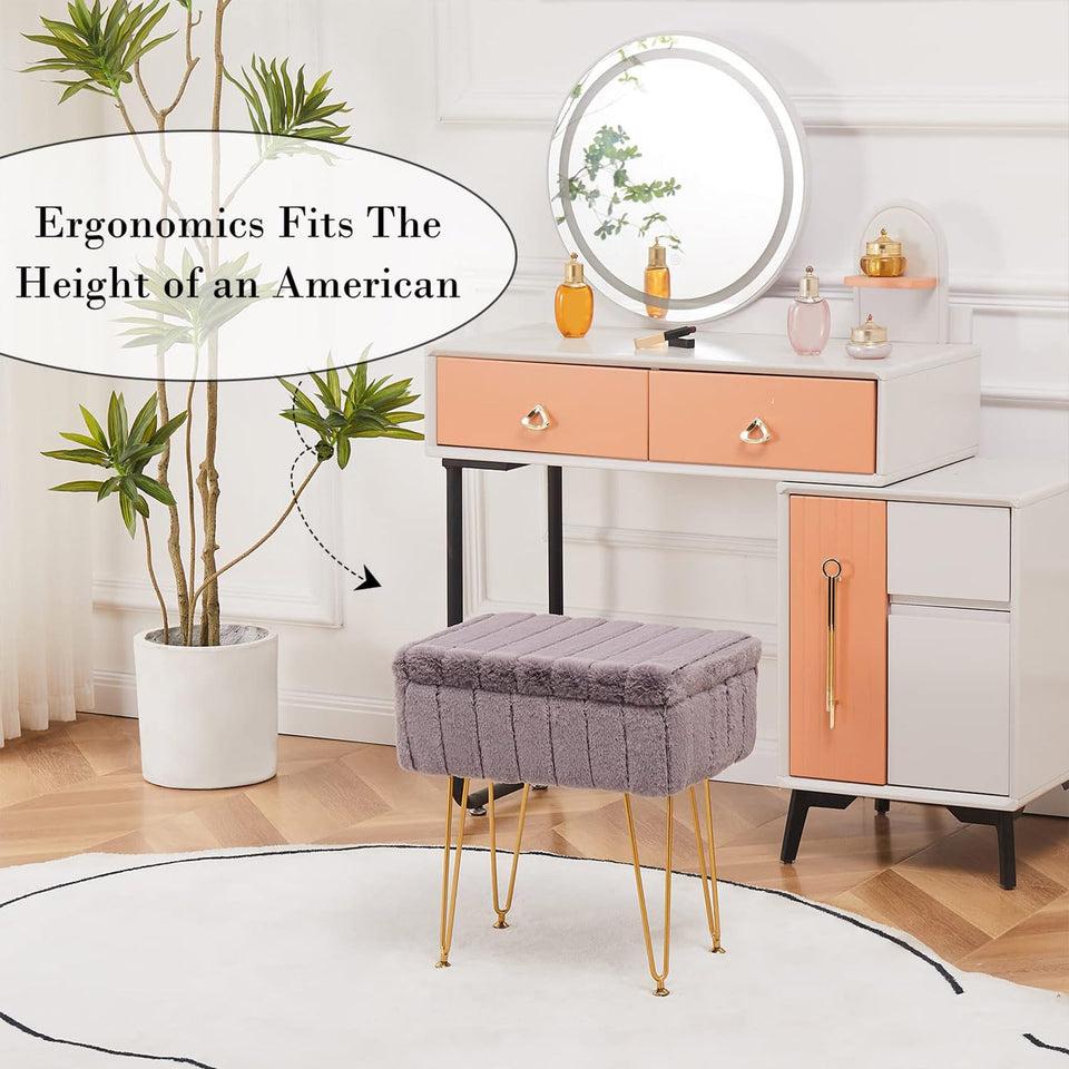 Wimarsbon Storage Ottoman, Vanity Stools with Metal Legs, 16.5" x 11.8" x 18" Modern Faux Mink Fur Footstool, Makeup Chair with Anti-Slip Feet, Accent Table,Footrest,Storage Bench for Bedroom