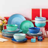 vancasso Bonita Dinnerware Set 24 Pieces Blue Stoneware Service for 6, Handpainted Spirals Pattern Stoneware Combination Set