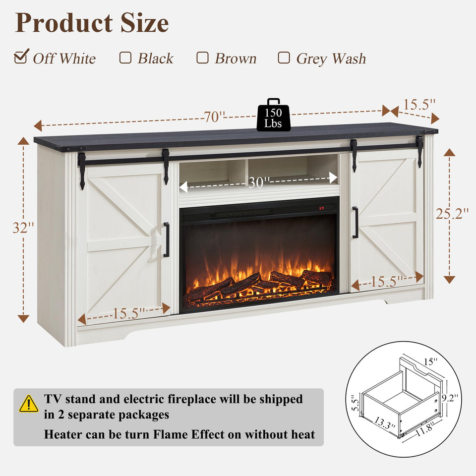 JXQTLINGMU Farmhouse TV Stand for 75+ Inch TV, 32" Tall Entertainment Center w/4 Drawers & Sliding Barn Door, Rustic Media Console w/Storage Shelves, 66" Wood Television Stand for Living Room, Brown