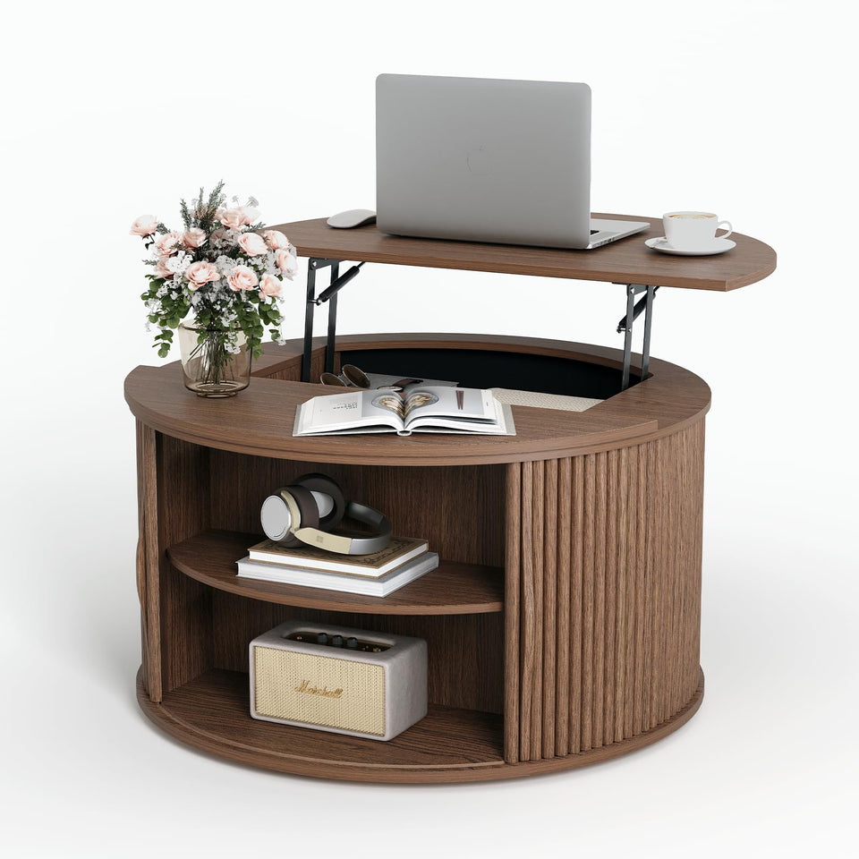 JOINICE, Round Coffee Table with Storage, Mid Century Modern Center Table with Sliding Cabinet Door, Fluted Dining Table for Living Room, Home Small Space, 31.5", Walnut