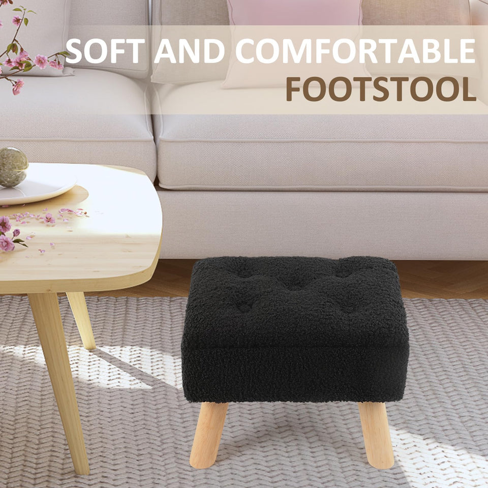 OGEMXU Storage Ottoman, Small Foot Stool Ottoman with Storage, Boucle Teddy Velvet Foot Rest with Padded Seat, Sturdy Wood Legs Stool for Living Room, Bedroom, Couch, Enterway (Cream)