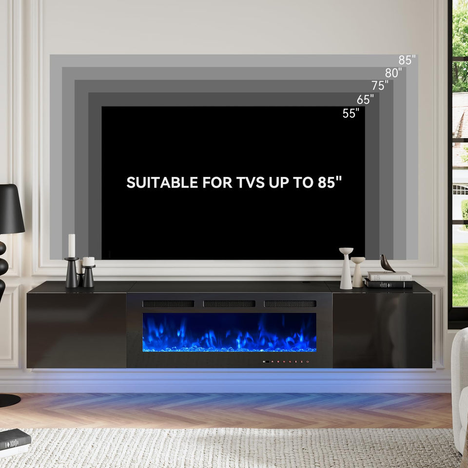 oneinmil 70" Floating TV Stand with 36" Electric Fireplace, Wall Mounted Fireplace Entertainment Center with Storage, Fire Place TV Console for Living Room, All Black