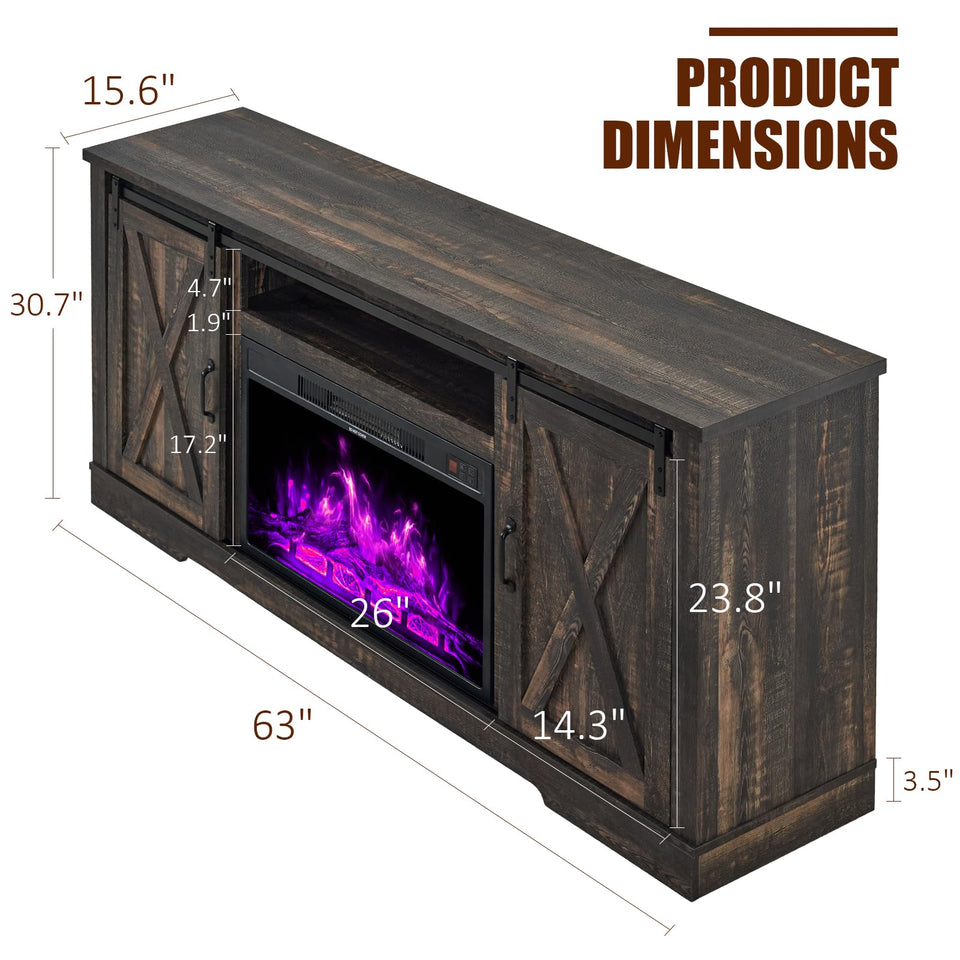 AMERLIFE Fireplace TV Stand with Sliding Barn Door for TVs up to 73", Farmhouse 63" Fireplace Entertainment Center with Storage Cabinets/Adjustable Shelves, Distressed White & Barnwood