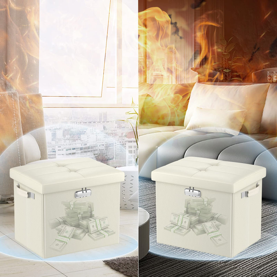 DocSafe Storage Ottoman with Lock,Fireproof Folding Ottoman Foot Rest Stool Storage Chest with Storage Safe for Important Documents,Waterproof 17 Inches Short Ottoman Foot Stool with Handles,Black