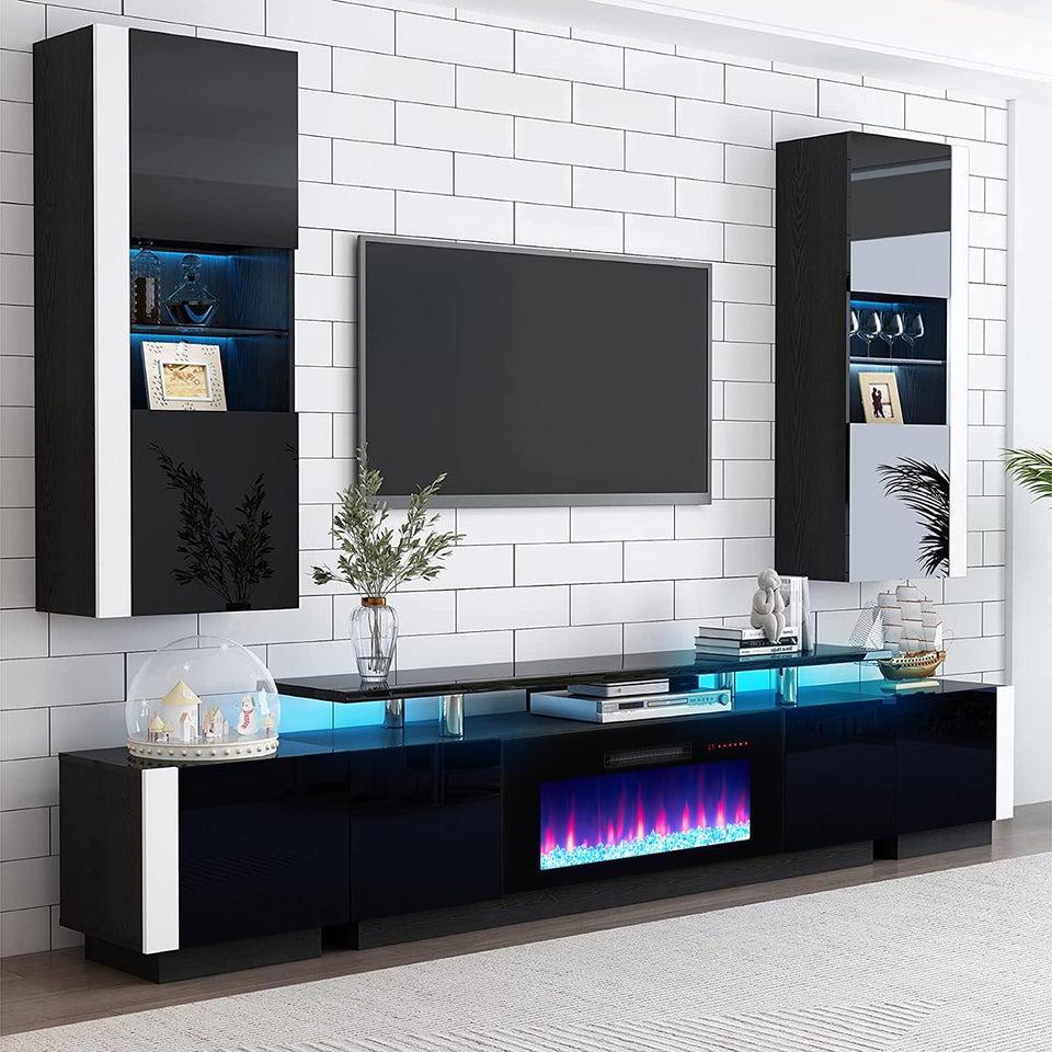 AMERLIFE Fireplace TV Stand with 36" Fireplace, 70" Modern High Gloss Fireplace Entertainment Center LED Lights, 2 Tier TV Console Cabinet for TVs Up to 80", Obsidian Black