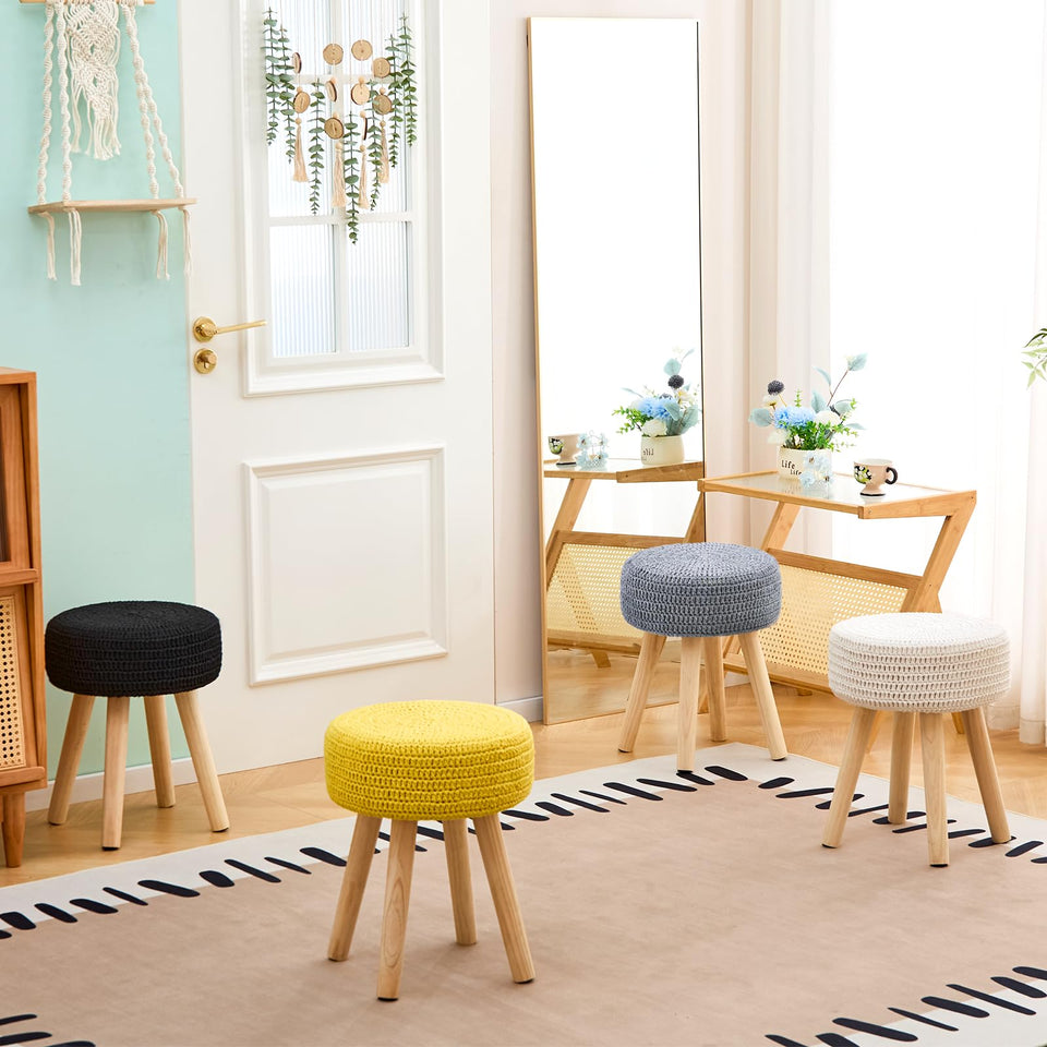 Wimarsbon Pouf Ottoman, 100% Cotton Knitted Boho Footstool, Round Footrest with Non-Skid Wood Legs, Home Décor Handmade Pouffe, Leisure Floor Step Stool for Living Room (Beige)