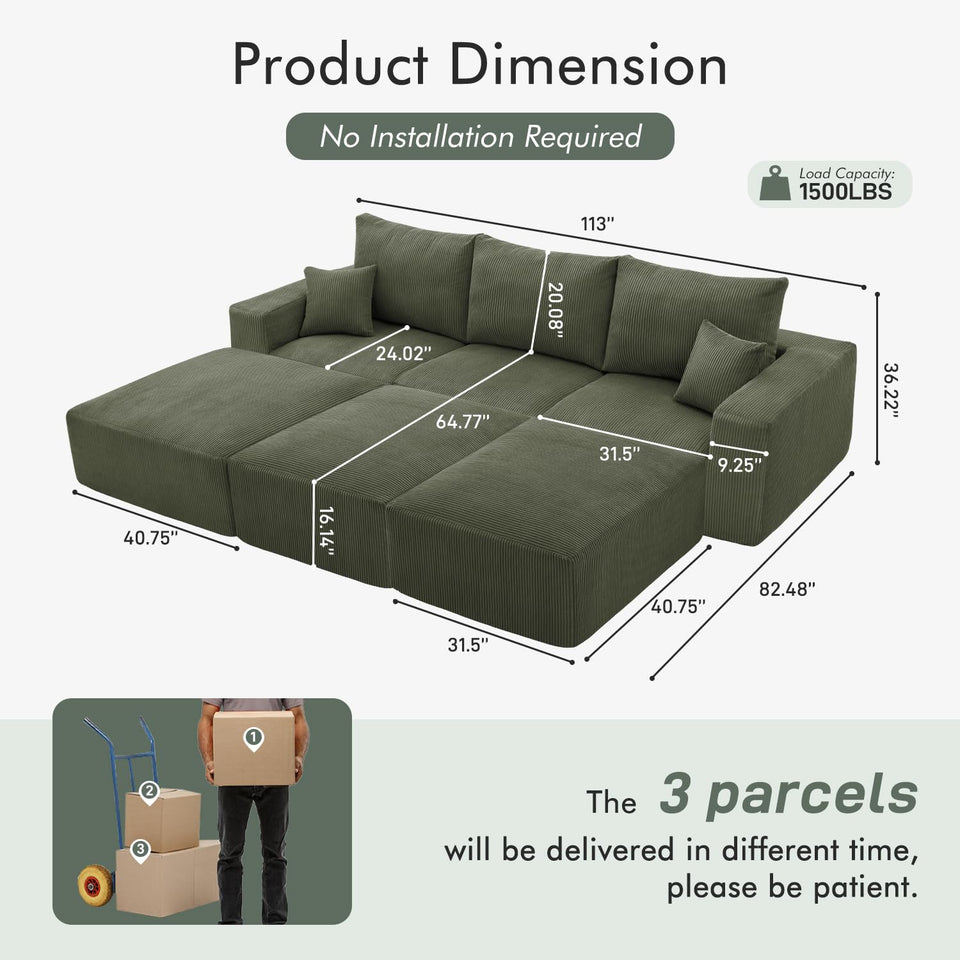 Boneless Sectional Cloud Couch Sofa for Living Room, 112" U-Shaped Modular Modern Lounge Sleeper Black Couches with Chaise, No Assemble, Cordury Compression Upholstered Sofas