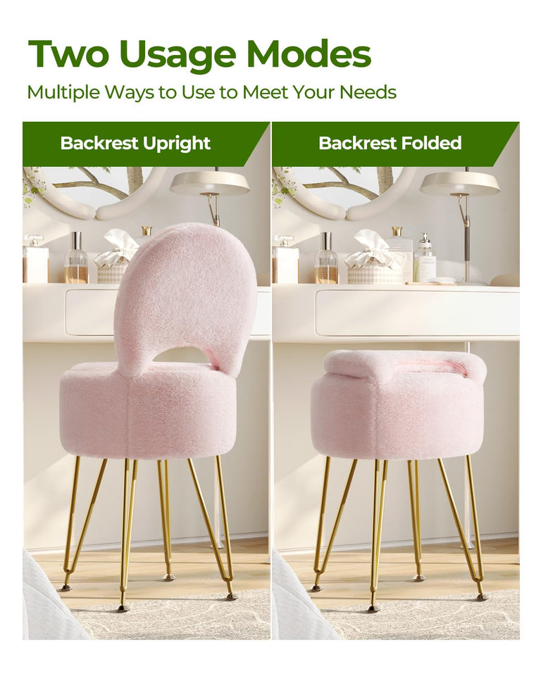 GREENSTELL Small Vanity Stool Chair with Storage and Folding Back, 13" x 13" x 17.7" Faux Fur Soft Ottoman for Teenager, 4 Metal Legs with Anti-Slip Feet, Furry Padded Seat for Makeup, Bedroom, White