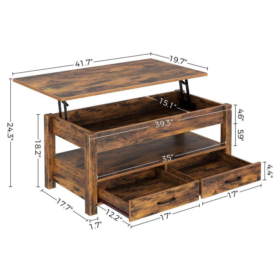 Rolanstar Coffee Table, Lift Top Coffee Table with Drawers and Hidden Compartment, Retro Central Table with Wooden Lift Tabletop, for Living Room,Espresso