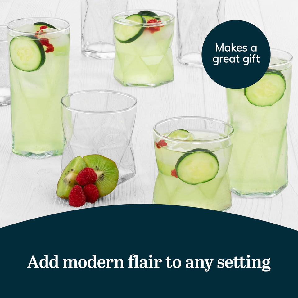 Libbey Ascent Tumbler and Rocks Drinking Glasses Set of 16, Glass Drinking Glasses with Curvature, Versatile Glassware Set for Parties and More