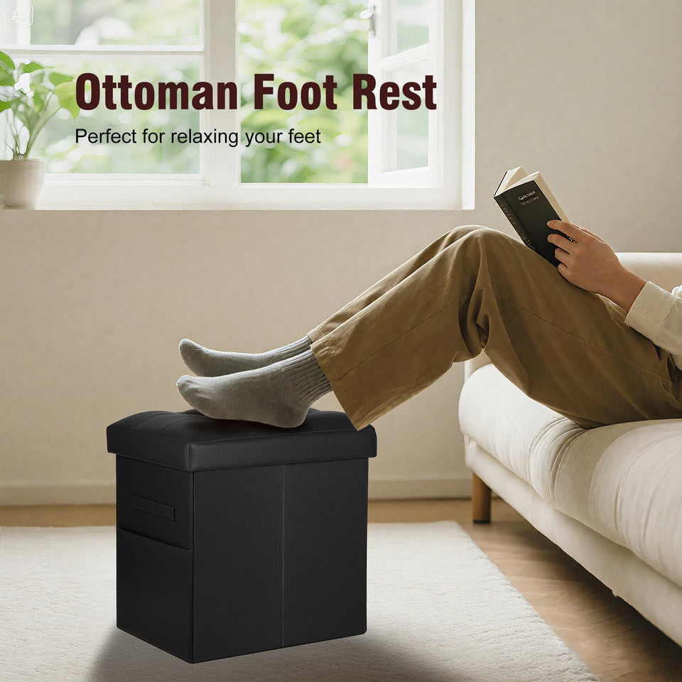 Storage Ottoman Foot Rest Stool, Foldable Leather Footstool Storage Bench with Thicker Foam Padded Seat. Foot Rest Under Desk for Living Room Bedroom 350 lbs, 17x13x13 in, Brown