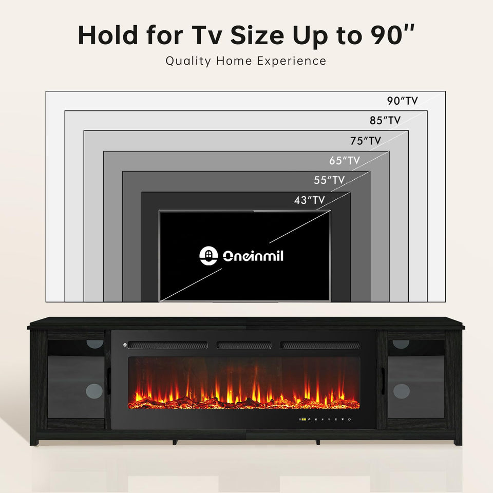 oneinmil 80" Fireplace TV Stand, 50 Inch Electric Fireplace & Modern Entertainment Center, TV Console with Adjustable Shelf & Glass Door for TVs Up to 90", Fire Place TV Stands for Living Room, Black
