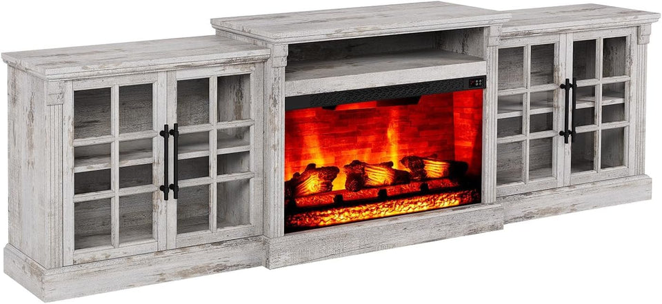 LUXOAK 97" Farmhouse TV Stand with 33" Fireplace for TVs up to 100", Media Entertainment Center with Large Storage Cabinet and Adjustable Shelves for Living Room, White/Barnwood