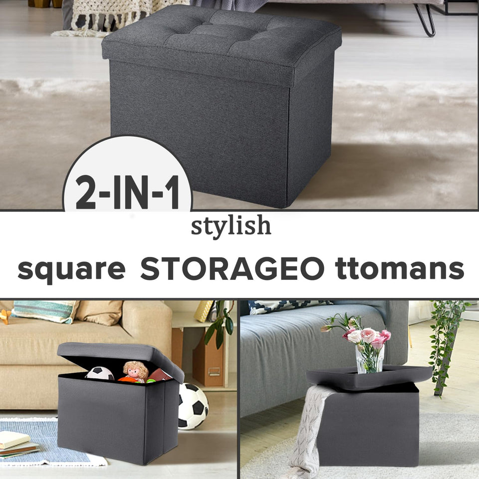 LINMAGCO Ottoman Storage Ottoman with Storage Small Foot Rest Stool Under Desk Stool Short Folding Footrest Linen Cloth Dark Gray 16X12X12IN