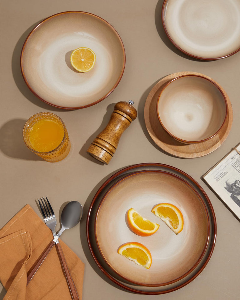 Pokini 24 Piece Dinnerware Sets for 8, Modern Stoneware Plates and Bowls Setst, Perfect for Family Gatherings & Holiday Celebrations, Easy Cleaning Dishes Set, Stack Compactly Dishware, Brown Green