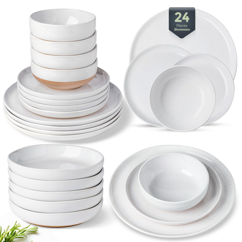 AmorArc Ceramic Dinnerware Sets for 8, 24 Pieces Handpainted Plates and Bowls Set with Rustic Terracotta Underside, Scratch Resistant Stoneware Dishes Set, Dishwasher & Microwave Safe, Light Beige
