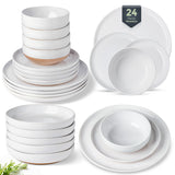AmorArc Ceramic Dinnerware Sets for 8, 24 Pieces Handpainted Plates and Bowls Set with Rustic Terracotta Underside, Scratch Resistant Stoneware Dishes Set, Dishwasher & Microwave Safe, Light Beige