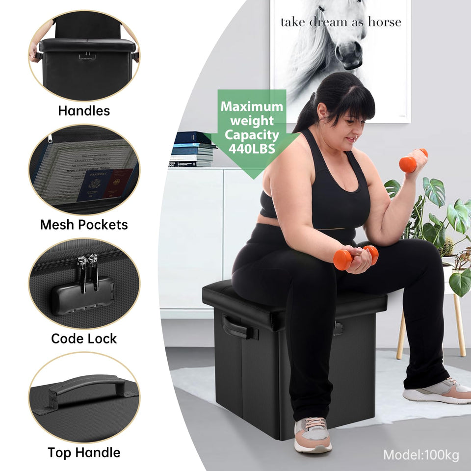 DocSafe Storage Ottoman with Lock,Fireproof Folding Ottoman Foot Rest Stool Storage Chest with Storage Safe for Important Documents,Waterproof 17 Inches Short Ottoman Foot Stool with Handles,Black