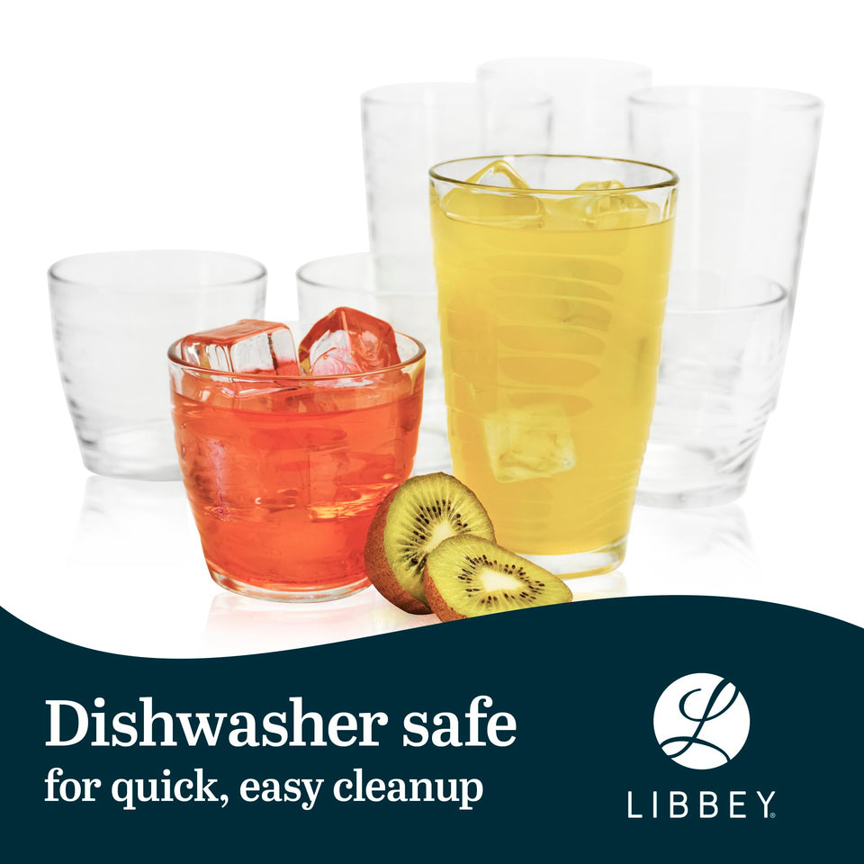Libbey Ascent Tumbler and Rocks Drinking Glasses Set of 16, Glass Drinking Glasses with Curvature, Versatile Glassware Set for Parties and More
