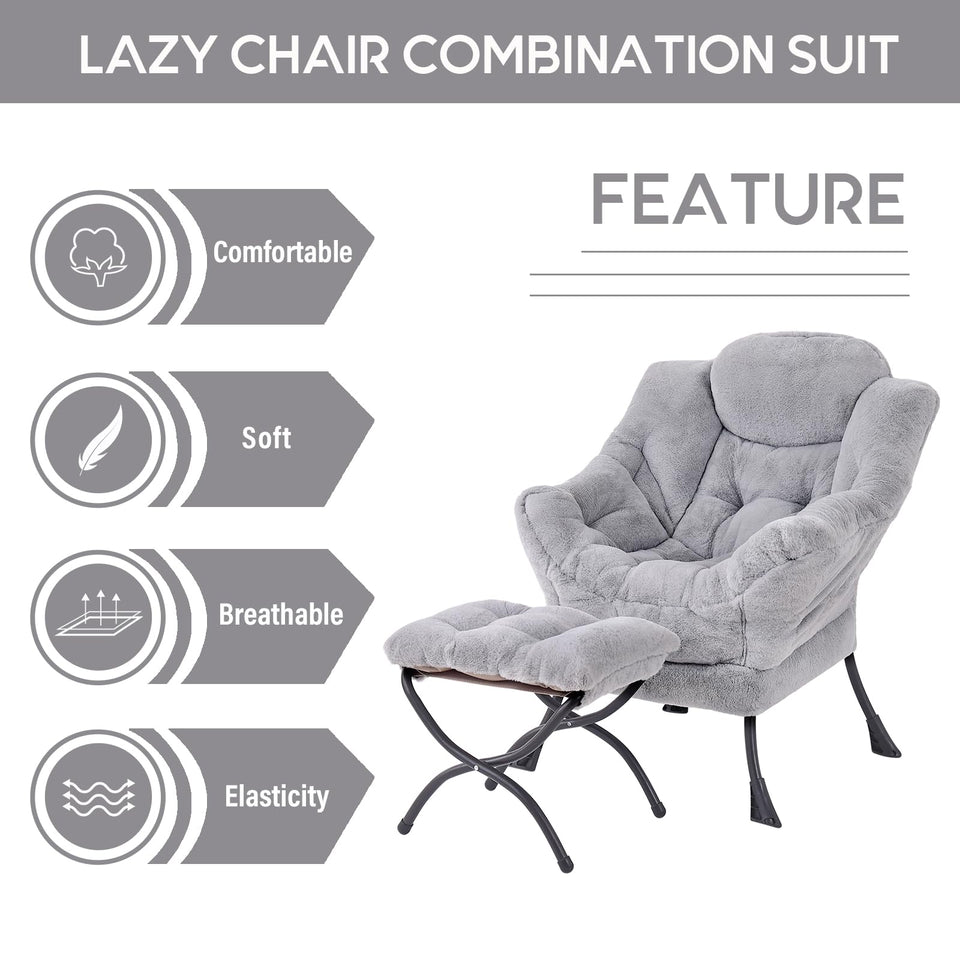 LITA Lazy Chair with Ottoman, Modern Accent Leisure Upholstered Lazy Sofa Armchair, Contemporary Lounge Reading Chair with Armrests and a Side Pocket for Living Room, Bedroom & Small Space, Dark Grey