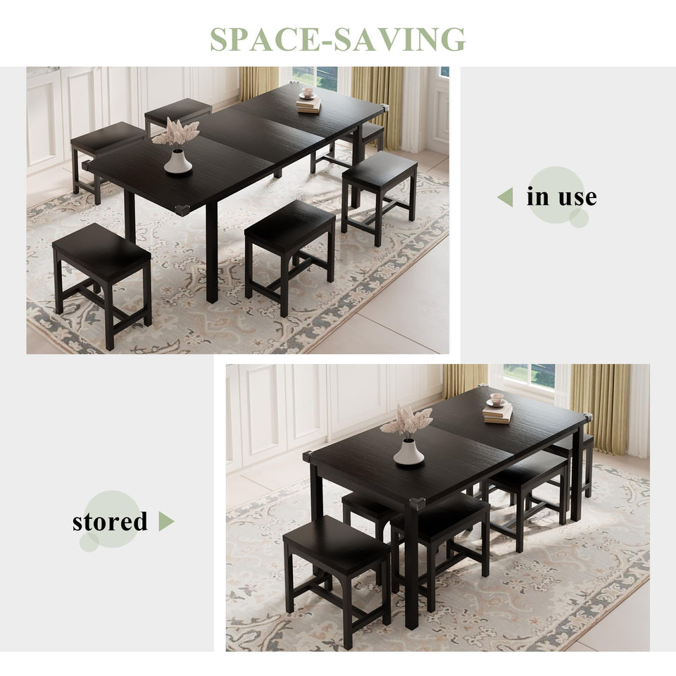 Feonase 5-Piece Dining Table Set for 4-8 People, 63" Large Extendable Kitchen Table Set with 2 Benches and 2 Square Stools, Dining Room Table with MDF Wood Board, Easy Assembly, Black