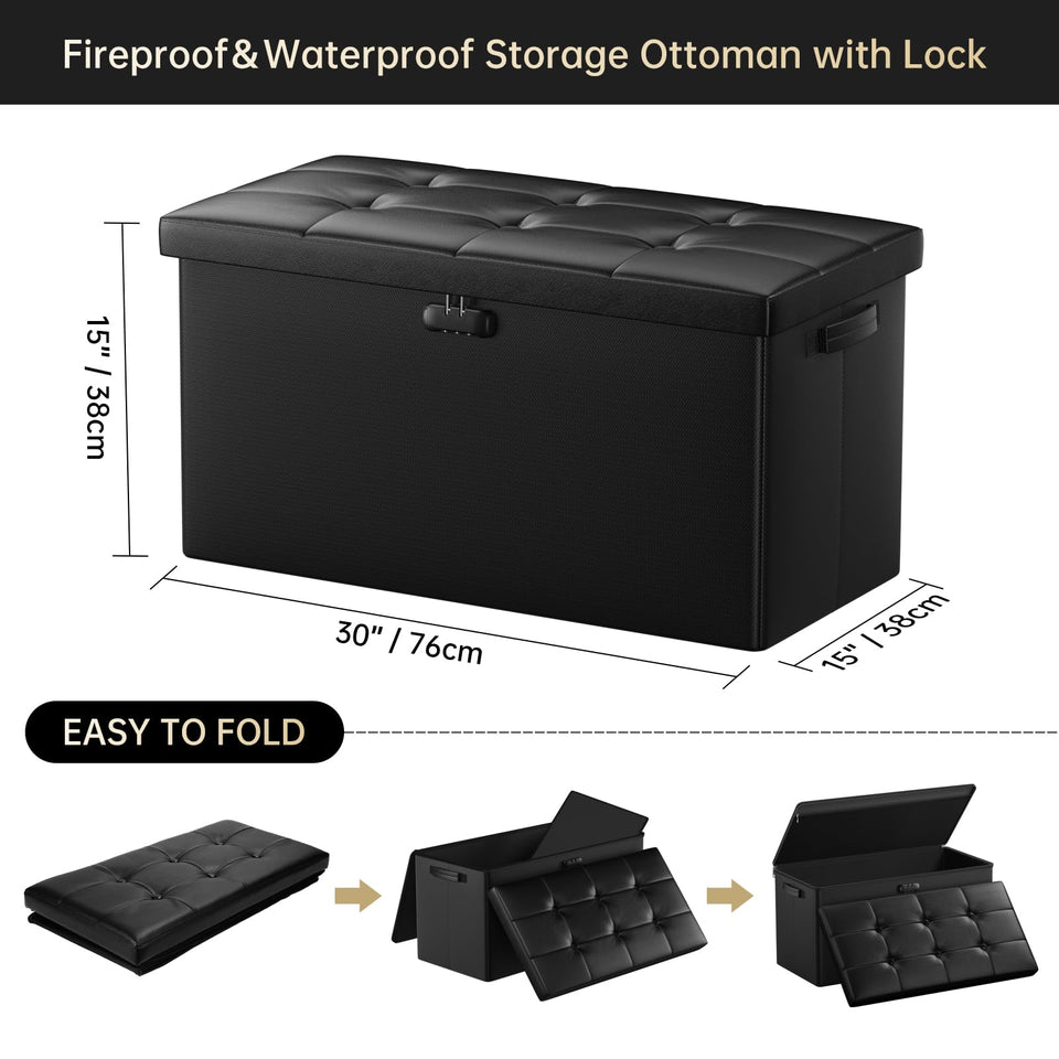 DocSafe Storage Ottoman with Lock,Fireproof Folding Ottoman Foot Rest Stool Storage Chest with Storage Safe for Important Documents,Waterproof 17 Inches Short Ottoman Foot Stool with Handles,Black