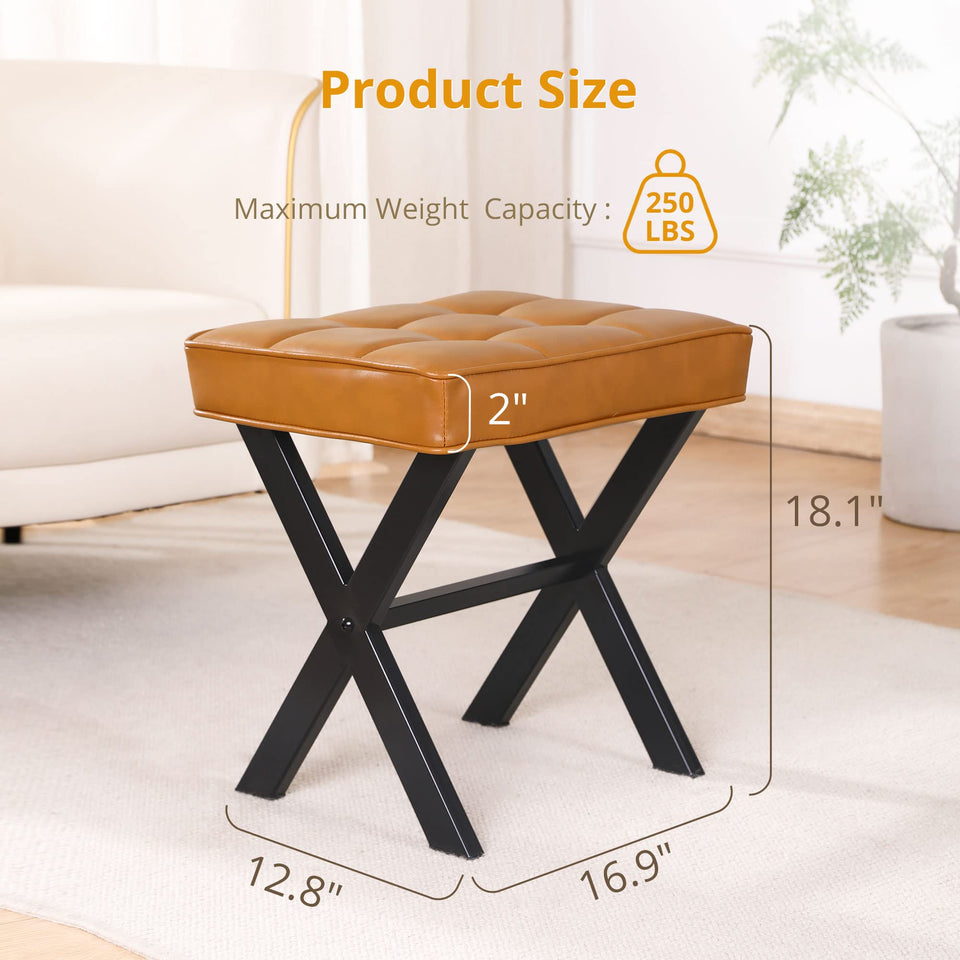 LUE BONA Square Linen Makeup Stool, Metal X Legs, Small Ottoman Stool Chair for Vanity, Modern Padded Seat Foot Rest for Makeup Room, Bathroom