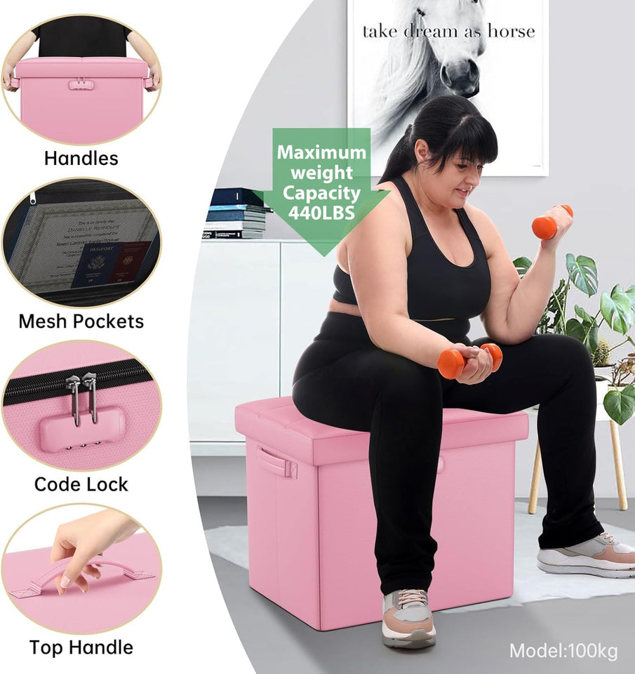 DocSafe Storage Ottoman with Lock,Fireproof Folding Ottoman Foot Rest Stool Storage Chest with Storage Safe for Important Documents,Waterproof 17 Inches Short Ottoman Foot Stool with Handles,Black