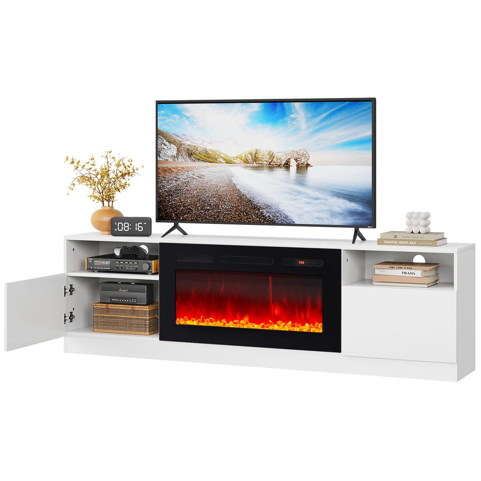 OneBlis 80" Fireplace TV Stand, LED Light Entertainment Center for TVs Up to 90", High-Gloss Door, Modern TV Console for Living Room with Storage Cabinet, Black+Black