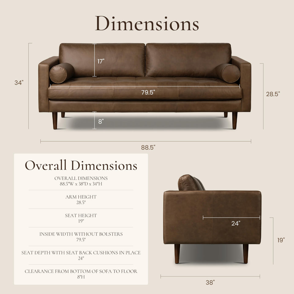 POLY & BARK Napa 72" Apartment Sofa – Italian-Tanned Full-Grain Pure-Aniline or Semi-Aniline Leather, Feather-Down Cushioning, Kiln-Dried Solid Wood Frame, Walnut Legs - Cognac Tan