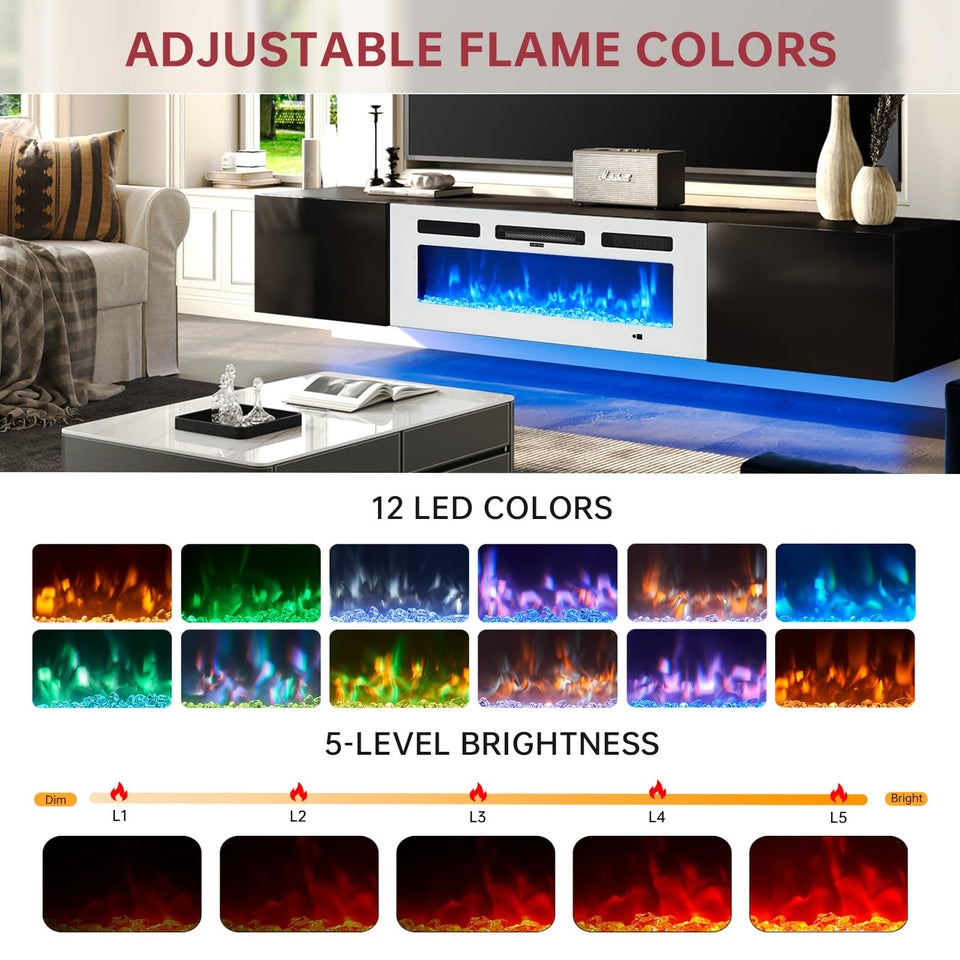 oneinmil 70" Floating TV Stand with 36" Electric Fireplace, Wall Mounted Fireplace Entertainment Center with Storage, Fire Place TV Console for Living Room, All Black