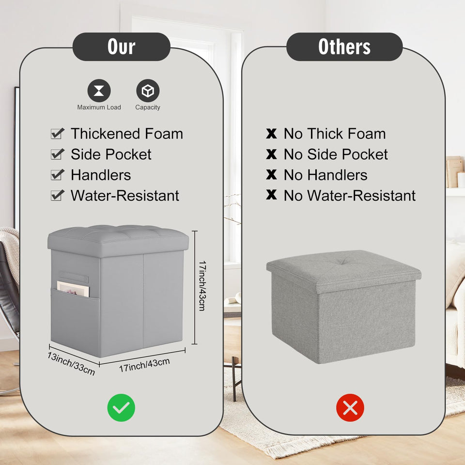 Storage Ottoman Foot Rest Stool, Foldable Leather Footstool Storage Bench with Thicker Foam Padded Seat. Foot Rest Under Desk for Living Room Bedroom 350 lbs, 17x13x13 in, Brown