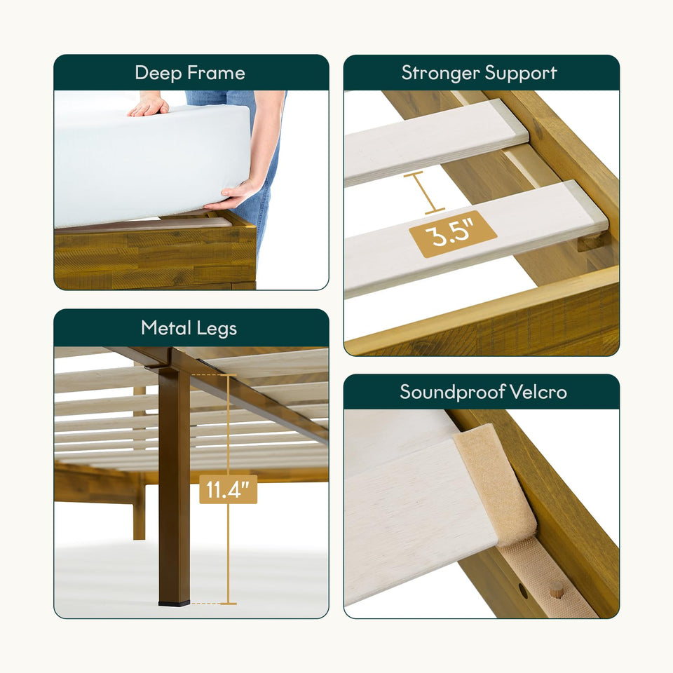 Bme Vivian 14 Inch Deluxe Bed Frame with Headboard, Rustic & Scandinavian Style with Solid Acacia Wood, No Box Spring Needed, 12 Strong Wood Slat Support, Easy Assembly, King, Rustic Golden Brown