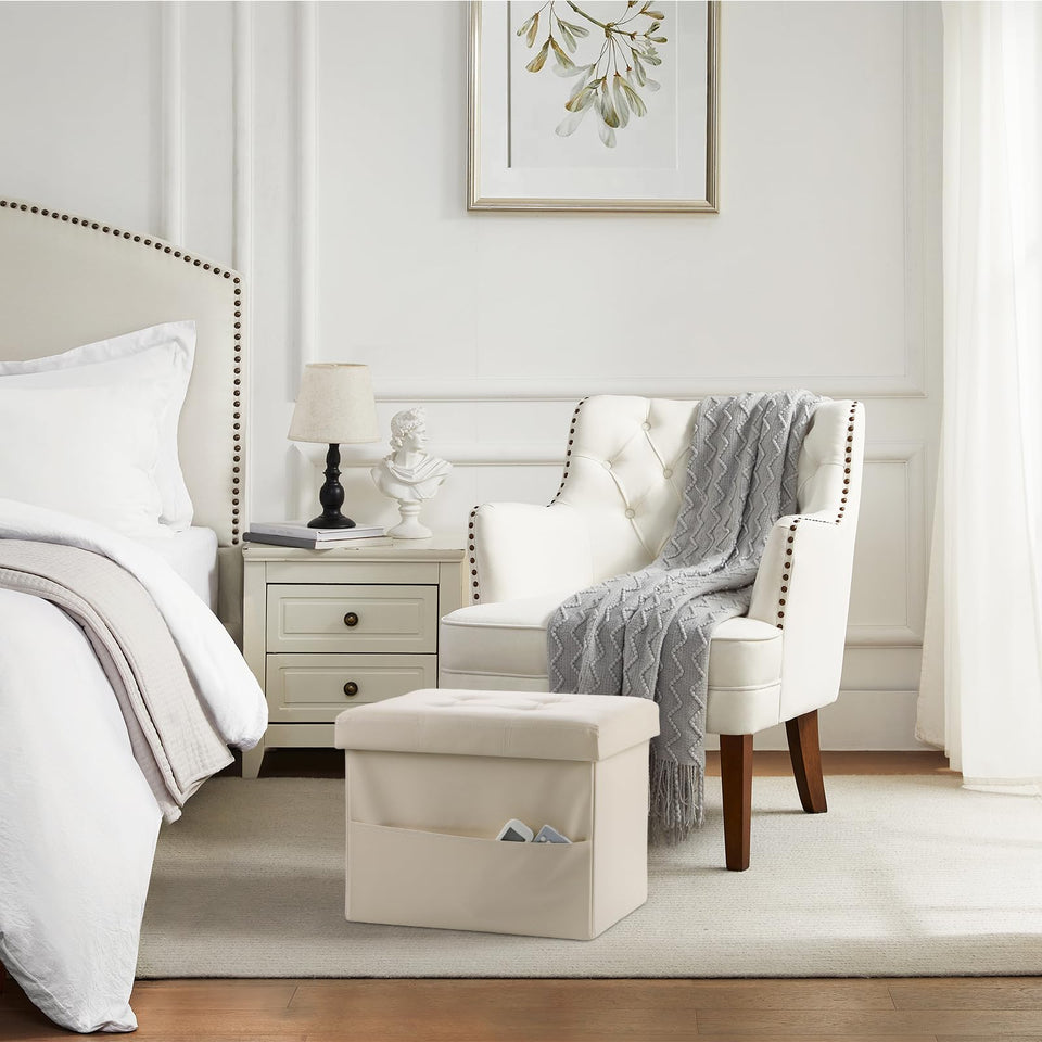 Bsketa Storage Ottoman, Folding Foot Stool with Thicker Foam Padded Seat Small Leather Storage Ottoman Bench Foot Rest for Living Room Foldable Coffee Table 17x13x13in,Black