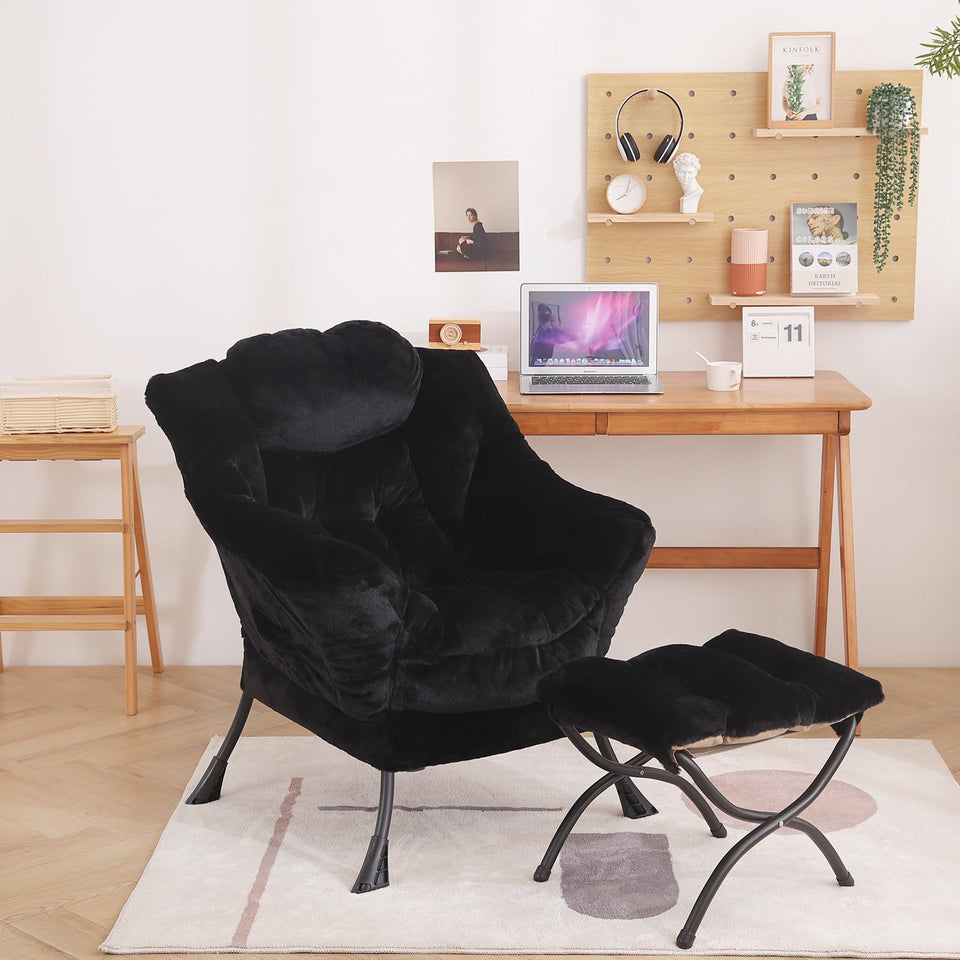 LITA Lazy Chair with Ottoman, Modern Accent Leisure Upholstered Lazy Sofa Armchair, Contemporary Lounge Reading Chair with Armrests and a Side Pocket for Living Room, Bedroom & Small Space, Dark Grey