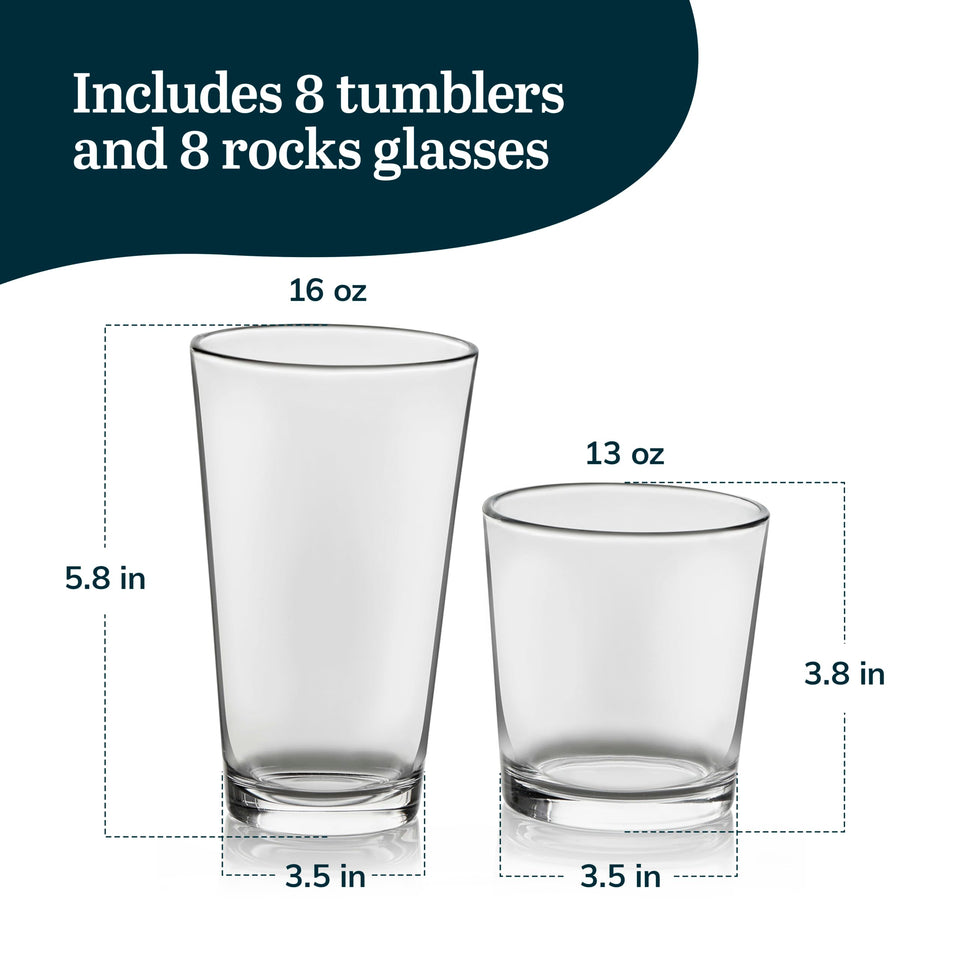 Libbey Ascent Tumbler and Rocks Drinking Glasses Set of 16, Glass Drinking Glasses with Curvature, Versatile Glassware Set for Parties and More